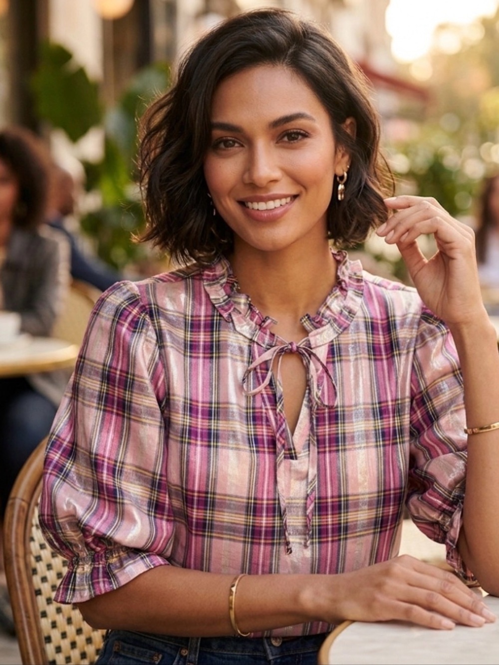 NWT! CATO Sparkling Pink Plaid Ruffle Trim Blouse